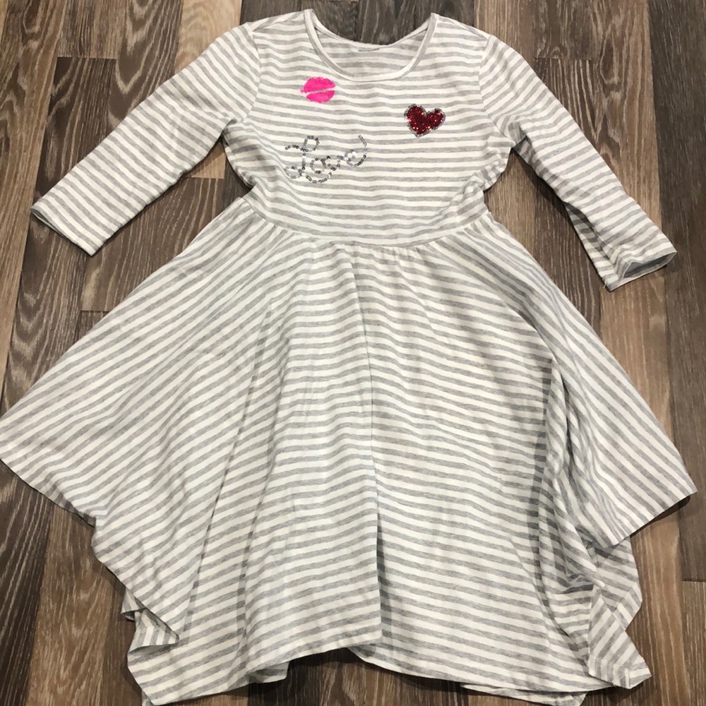 Girls Gymboree gray & white stripped dress. Size L (10-12).